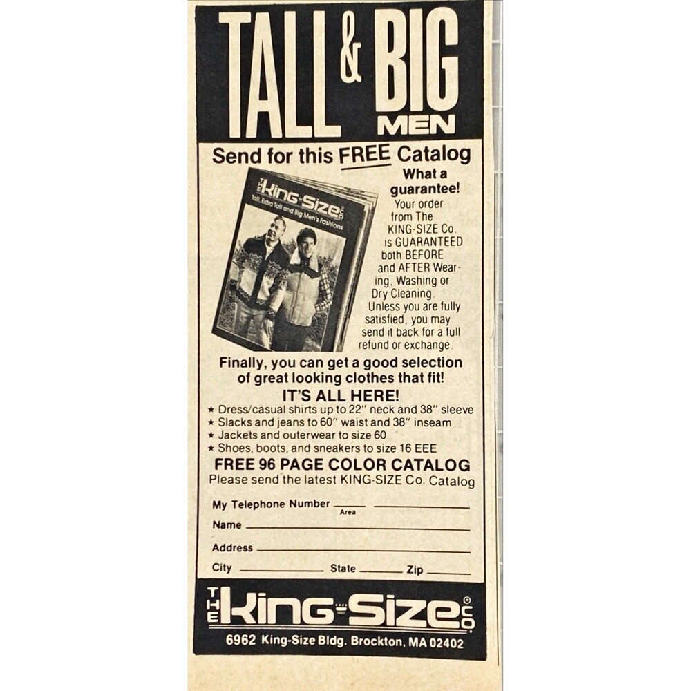 King Size "Tall & Big Men's Clothing "Free Catalog" Vintage Print Ad 1982